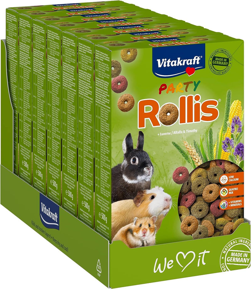 Vitakraft Party Rollis, crunchy rings for rodents, low in calcium, with grain, with alfalfa, as a supplement to the main food or as a snack in between (7x 500g) - PawsPlanet Australia