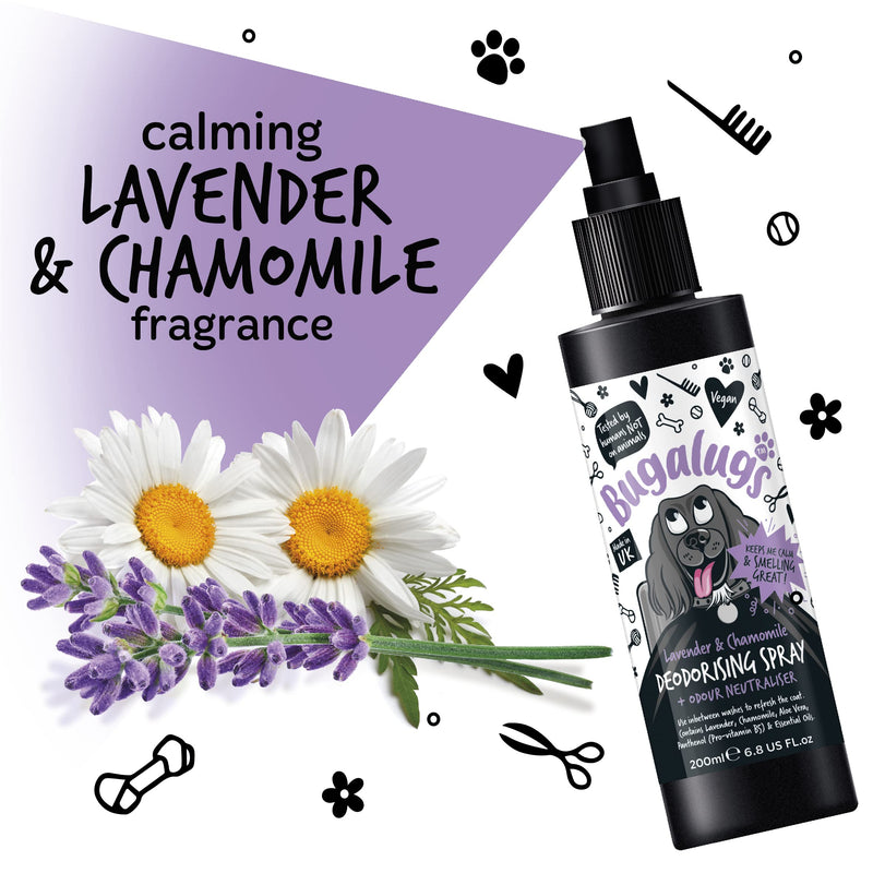 BUGALUGS Lavender & Chamomile Dog perfume dog spray with spray pump, Vegan dog cologne is a dog deodoriser spray. dog perfume spray dog deodorant use with our Dog Shampoo groom (3x 200ml) 3x 200ml - PawsPlanet Australia