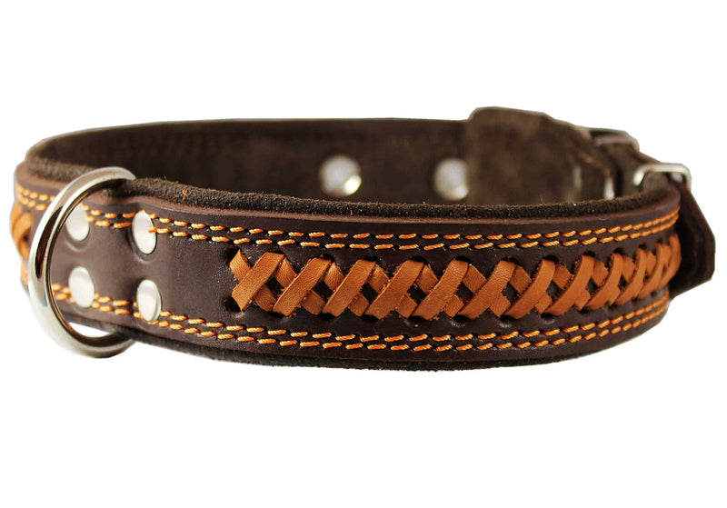 [Australia] - Genuine Leather Braided Dog Collar, Brown 1.5" Wide. Fits 17"-22" Neck. 