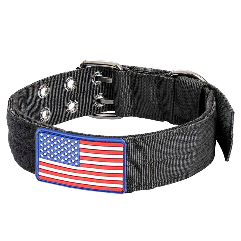 [Australia] - BMusdog Tactical Dog Collar with Sturdy Metal Buckle Handle 48MM Wide Army Grade Nylon Military Collars Adjustable with Velcro Area American Flag for Medium Large XL Dogs M (Adjustable 15"-19"） Black 