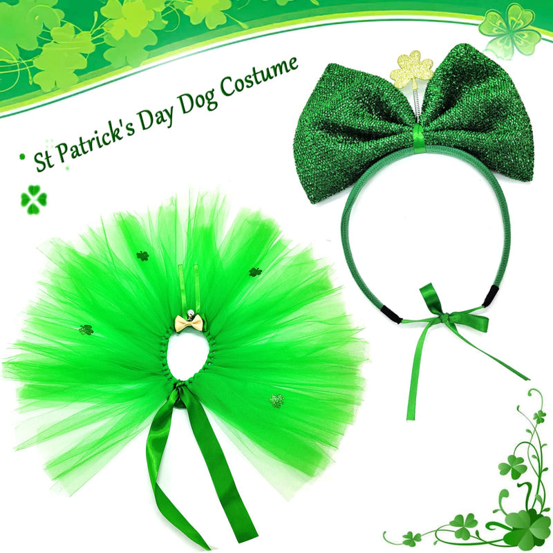 St Patrick's Day Costume 2 Pieces Dog Tulle Tutu Skirt Bowknot Hair Hoop with Shiny Shamrock, Green Irish Lace Dress Cute Headband Holiday Clothes for Medium Large Girl Dogs Cat Parties Decoration Bowtie - PawsPlanet Australia