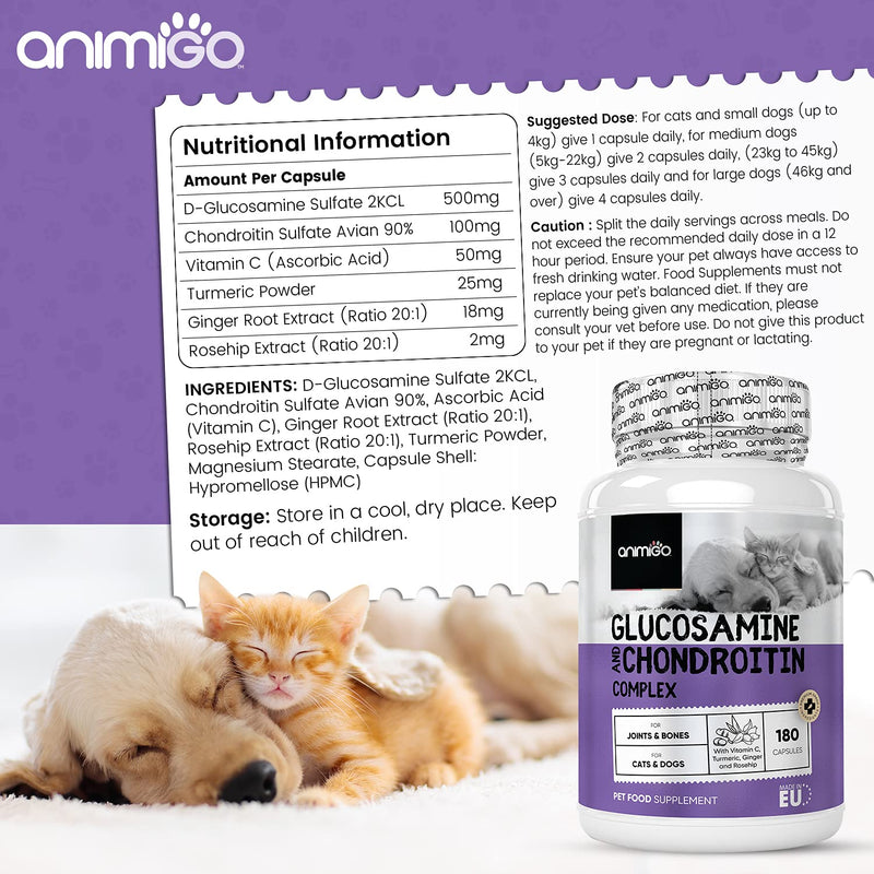 Animigo Glucosamine and Chondroitin for Dogs and Cats - Natural Hip and Joint Supplement - Joint Care for Pets - 180 Capsules - 3-6 Month Supply - Supports Mobility and Joints for all Ages and Breeds - PawsPlanet Australia