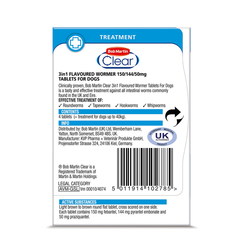 Bob Martin Clear | 3 in 1 Wormer Tablets for Small, Medium & Large Dogs (up to 40 kg) | Clinically Proven Treatment (4 Tablets) 4 Tablets - PawsPlanet Australia