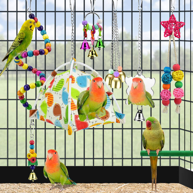 [Australia] - KATUMO Bird Parrot Toys, Bird Nest Hut Hanging Habitat Tent Colorful Wood Beads Hanging Mirror Bird Perch Chewing Bell Toys for Conures, Cockatiel, Budgerigar, Lovebird, Sparrow Ect Small Birds 