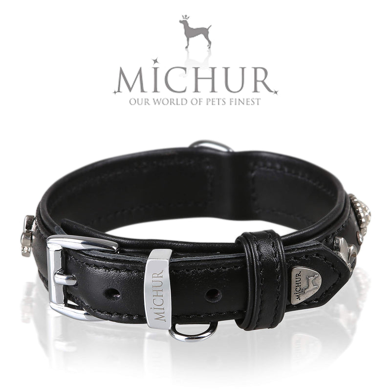 MICHUR Gala Dog Collar Leather, Leather Collar Dog, Collar, Black, LEATHER, with lilies, rhinestones and large crystal Neck circumference 12,20-14,17" - PawsPlanet Australia