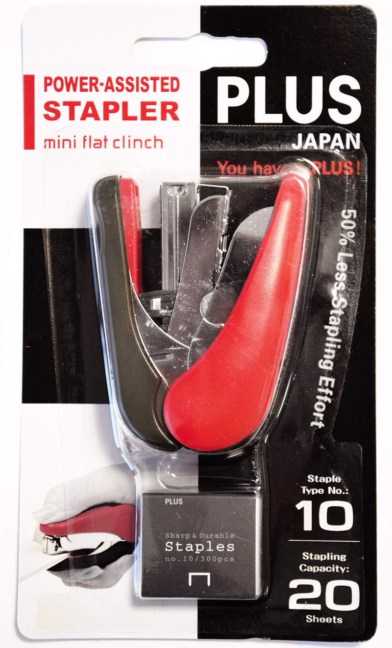 PLUS Japan, mini flat stapler ST-10V in red, flat stapler with power support, stapling capacity up to a maximum of 20 sheets, mini stapler, including 300 staples No. 10, pack of 1 (1 x 1 stapler) stapler - PawsPlanet Australia
