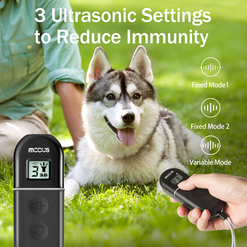 [Australia] - MODUS Anti-Barking Device, 3-in-1 Dog Training Device, 3 Ultrasonic Modes, Rechargeable Dog Barking Deterrent via USB Port, LCD Screen Display, Control Range up to 16.4 Ft, Outdoor and Indoor 