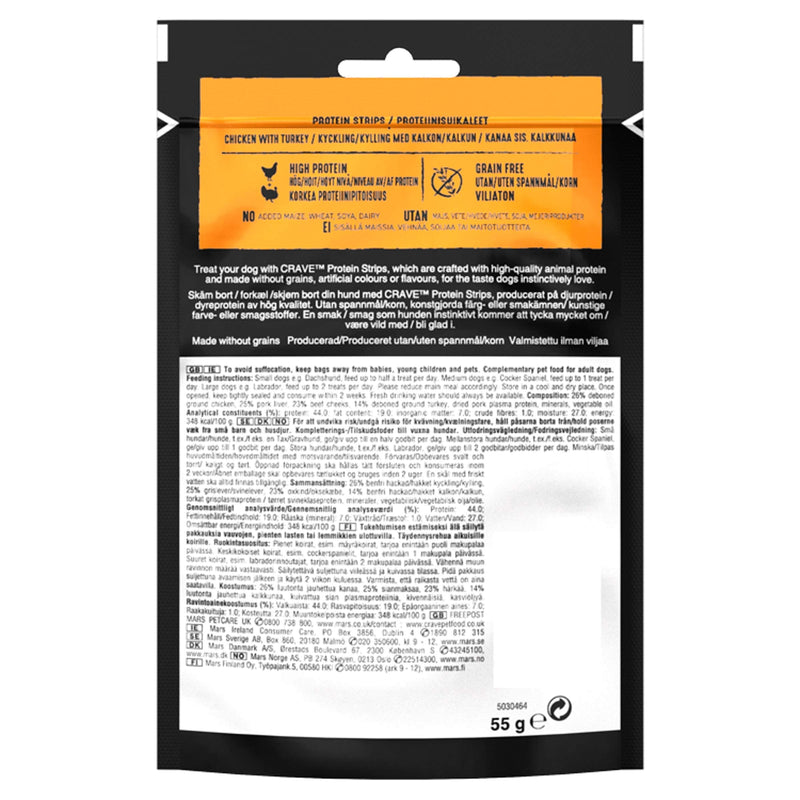 Crave Dog Treat, High Protein Strips, Grain Free, Chicken with Turkey, 7x55g - PawsPlanet Australia