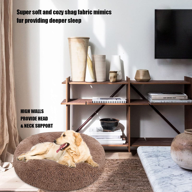Calming Dog Bed Cat Bed Donut Cuddler, Anti Anxiety Dog Bed for Small Medium Large Dogs Cats, Machine Washable Round Warm Bed, Faux Fur Pet Bed, Waterproof Non-Slip Bottom (23"/30"/36") Small 23" x 23" Brown - PawsPlanet Australia