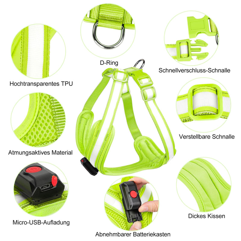 KOSKILL LED Dog Harness Rechargeable Illuminated Dog Harness Glows in the Dark LED Dog Vest Reflective Dog Lights for Night Walks (Green, M) Green - PawsPlanet Australia