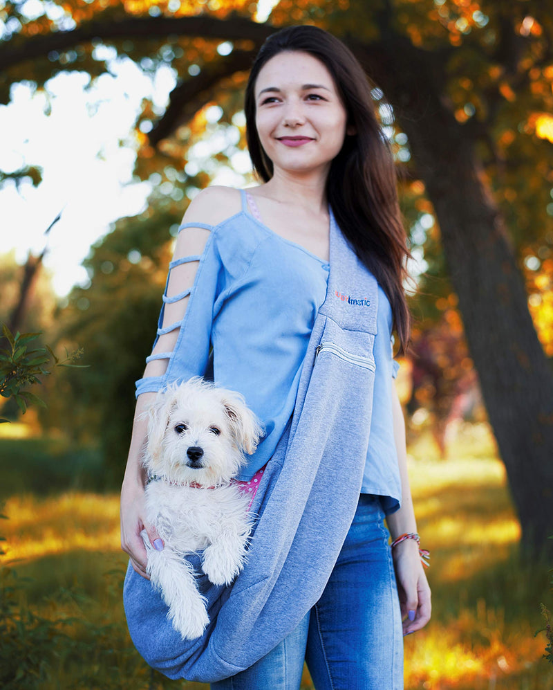 [Australia] - BUDDY TASTIC Pet Sling Carrier - Reversible and Hands-Free Dog Bag with Adjustable Strap and Pocket - Soft Puppy Sling for Pets up to 13 lbs Grey/Pink 