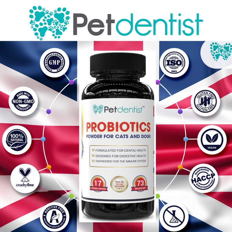 Petdentist Probiotics Powder for Cats and Dogs, 17 Bacterial Strains 73 Billion CFU’s Supplement for Pets Dental Care, Gums, Bad Breath, Dog Digestion, Skin Coat and Immunity Support, Made in UK-90g - PawsPlanet Australia