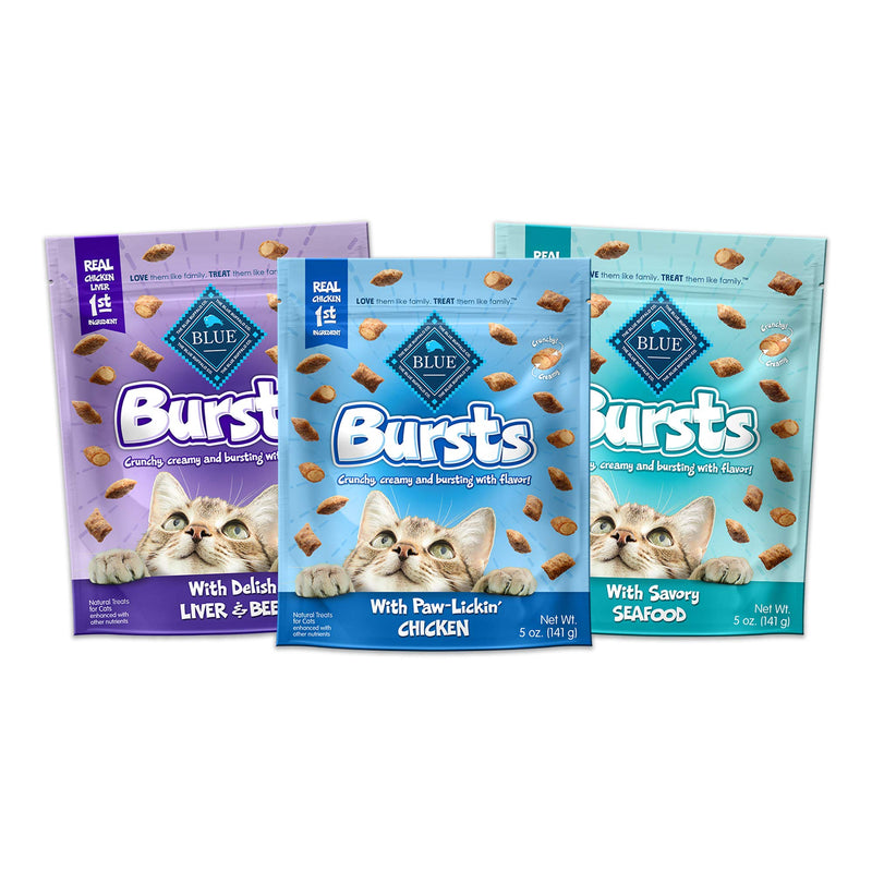 [Australia] - Blue Buffalo Bursts Crunchy Cat Treats Variety Pack, Chicken, Chicken Liver and Beef, and Seafood 5-oz Bags (3ct) 