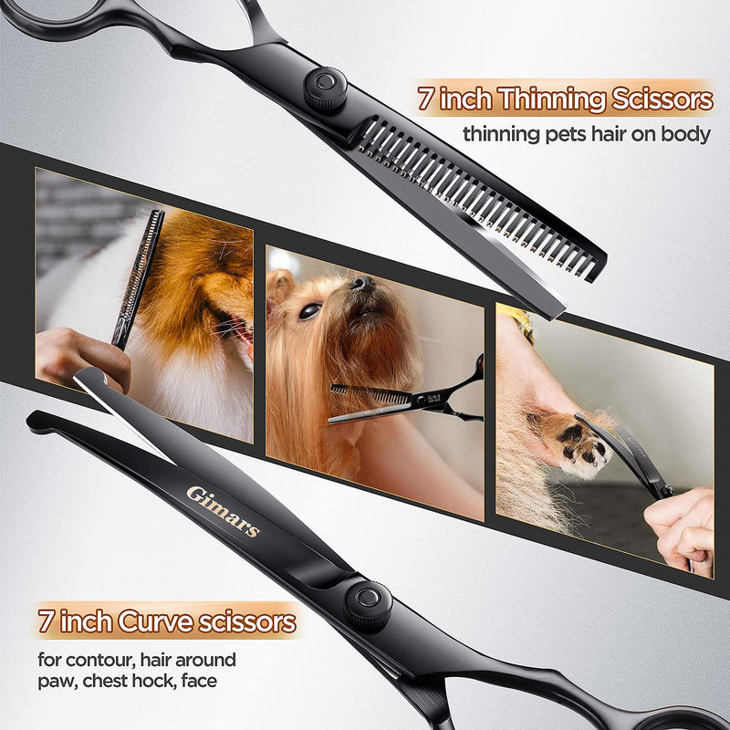 Gimars 4CR Stainless Steel Safety Round Tip 6 in 1 Professional Dog Grooming Scissors Kit, Heavy Duty Titanium Coated Straight & Thinning & Curved Shears & Comb Set for Dog & Cat Grooming 4 black scissors set - PawsPlanet Australia