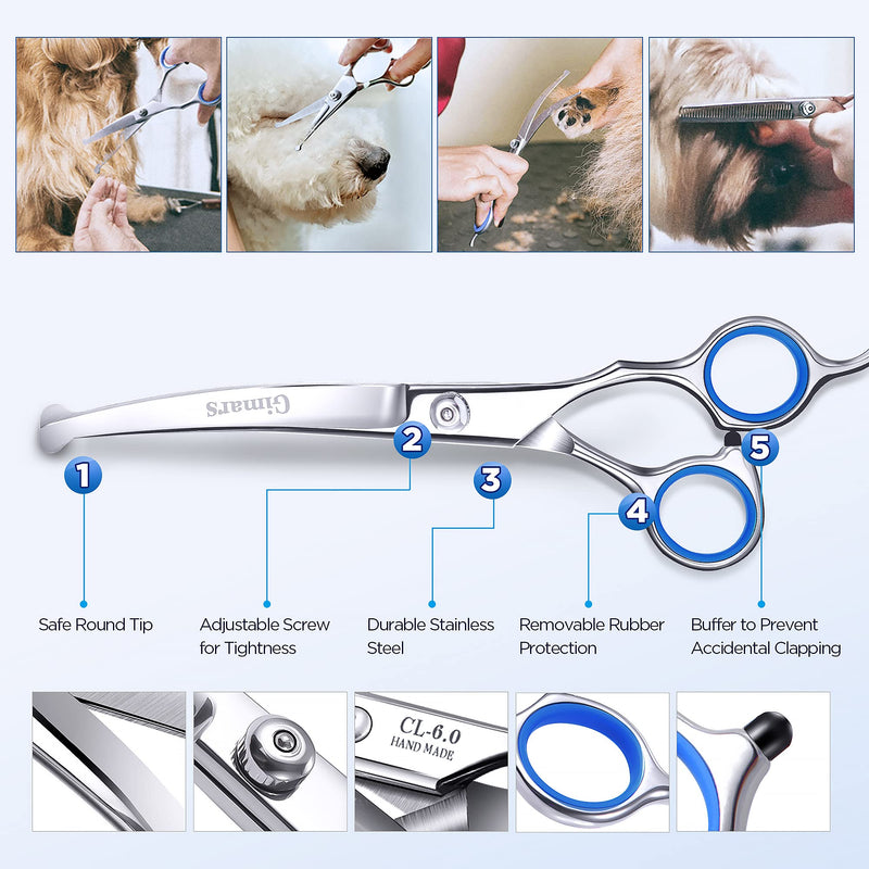 Gimars 6 in 1 Professional 4CR Stainless Steel Safety Round Tip Dog Scissors for Grooming, Heavy Duty Titanium Coated Pet Grooming Scissor for Dogs, Cats and Other Animals Blue 6 in 1 - PawsPlanet Australia