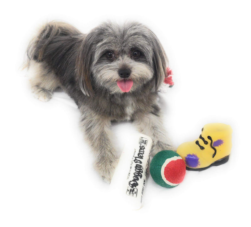 [Australia] - Christmas Stocking for Dogs. Pack of Squeaky newspaper toy, squeaky boot toy, a red, green and white tennis ball and a red, white and green cotton knotted rope. 