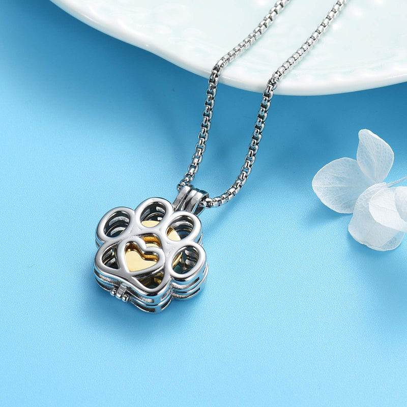 Pet Cremation Jewelry For Ashes For Dog/Cat Paw Stainless Steel Memorial Locket Urn Necklace Inside Mini Case Keepsake Cremation Jewelry Women Men Silver With Gold - PawsPlanet Australia