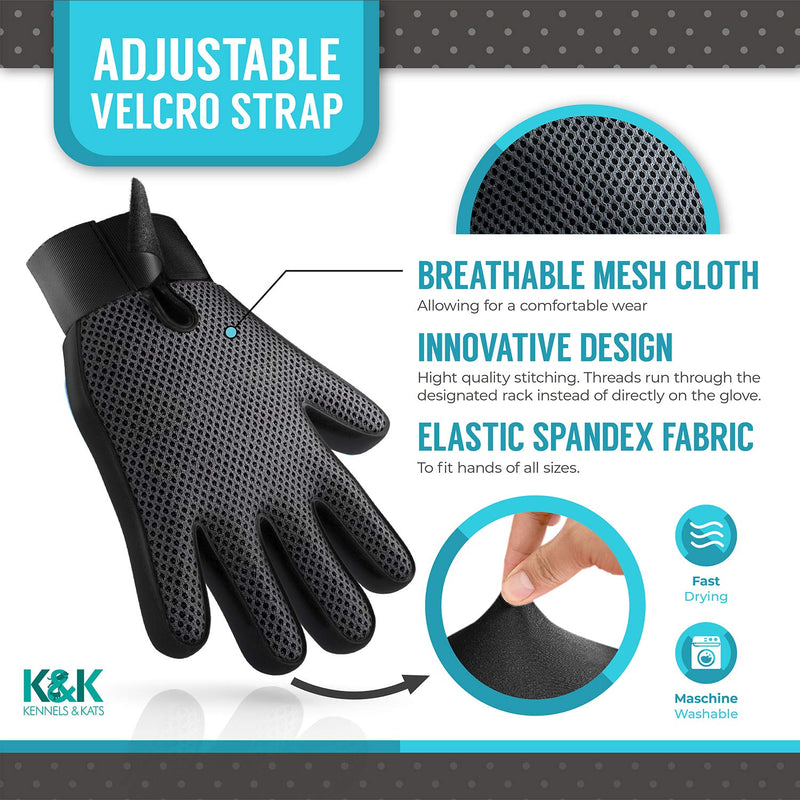 KENNELS & KATS New Version K&K Pet Grooming Gloves, Premium Deshedding Glove for Easy, Mess-Free Grooming of Cats, Dogs, Rabbits and Horses with Long/Short/Curly Fur Single - Right Hand One Size Fits All - PawsPlanet Australia