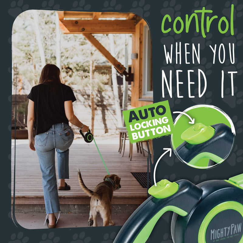Mighty Paw Retractable Dog Leash 2.0 | 16’ Heavy Duty Reflective Nylon Tape Lead for Pets Up to 50 LBS. Tangle Free Design W/ One Touch Quick-Lock Braking System & Anti-Slip Handle. (Green/Lite) Lite Green - PawsPlanet Australia
