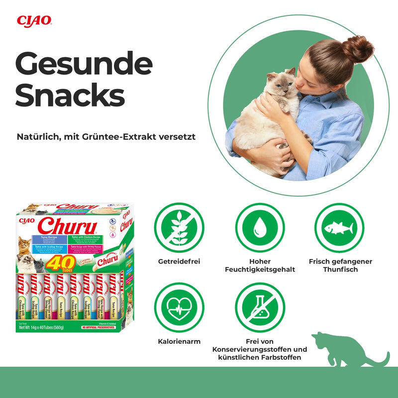 INABA Churu Puree Multipack - cat treats for feeding. Total 40 tubes: 10X tuna, 10X tuna with chicken, 10X tuna with scallops and 10X tuna with shrimp - PawsPlanet Australia