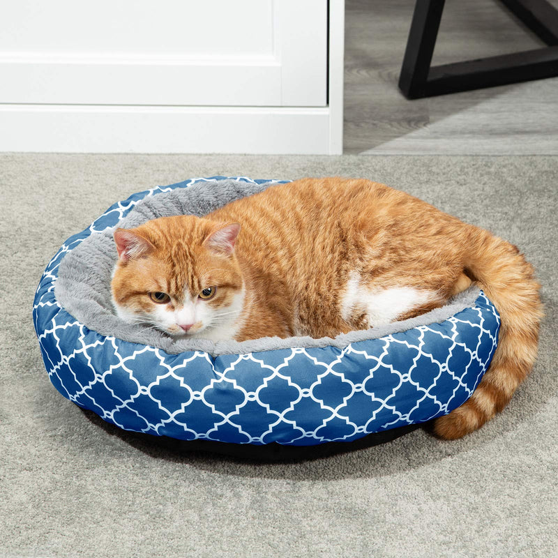 Uozzi Bedding Warming Donut Cushion Cat Bed, Calming Pup Small Pet Dog Bed, Non-Slip Bottom, Machine Washable Flannel 17" Round Bed for Puppy and Kitten with Fluffy Comfy Lining Plush - Blue - PawsPlanet Australia