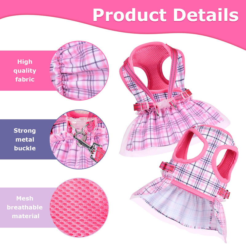 Dog Harness Dress, Plaid Dog Harness Dress with Leash Set, Summer Cute Pet Dog Clothes,Girl Puppy Dresses for Girl Small Dogs, Chihuahua Harness (Medium) Medium Pink Harness+Rope - PawsPlanet Australia