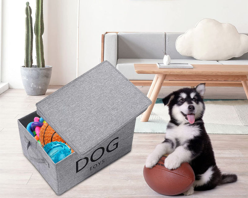 Medium dog toy bin 15"x10"x8.3" inch linen-cotton blend dog container organizer with lid - collapsible dog toy basket for organizing dog cat toys and accessories - Gray - PawsPlanet Australia