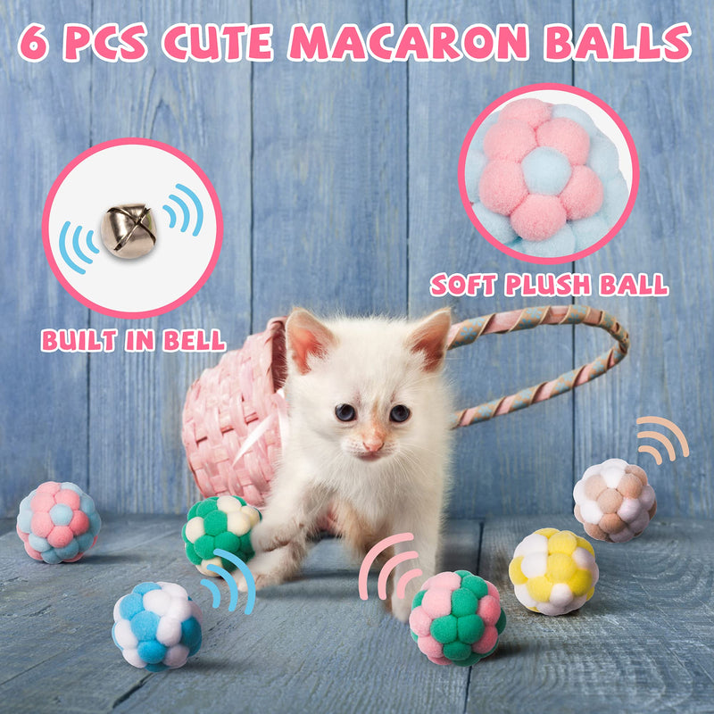 JXFUKAL Cat Balls Toy with Bell, 6PCS 1.8INCH Soft Lightweight Macaroon Fuzzy Balls, Kitty Chewing Toys Interactive Cat Toys for Indoor Cats & Kitten Cat Accessories - PawsPlanet Australia