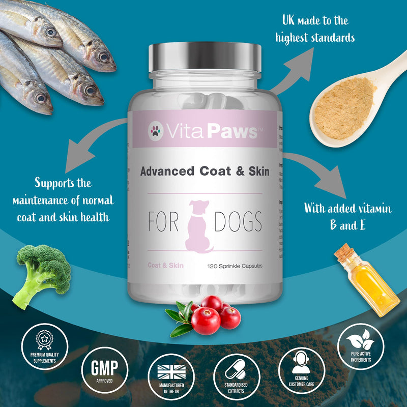 Advanced Coat & Skin Remedy for Dogs | Supplement Formulated for Dry, Itchy Skin or Dull Coats | Rich in Fish Oil, Flaxseed Oil & Biotin | 120 Sprinkle Capsules for Fussy Pets | UK Manufactured - PawsPlanet Australia