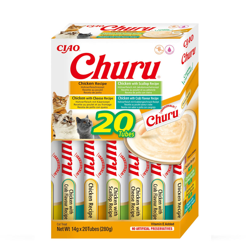 INABA Churu Puree Multipack - 20 tubes in total: 5X Chicken, 5X Chicken with Scallops, 5X Chicken with Cheese and 5X Chicken with Crabs - PawsPlanet Australia