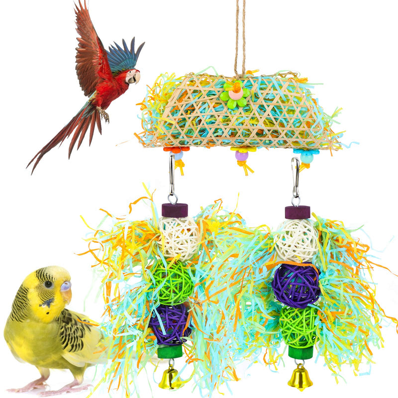 FADACAI 3 Pcs Bird Chewing Toys Parrot Shredder Toy Bird Loofah Toys Foraging Hanging Toy Nest Perch with Wooden Ratten Balls Bells Paper Slips Cage Accessories for Cockatiel Parrotlets Lovebirds - PawsPlanet Australia