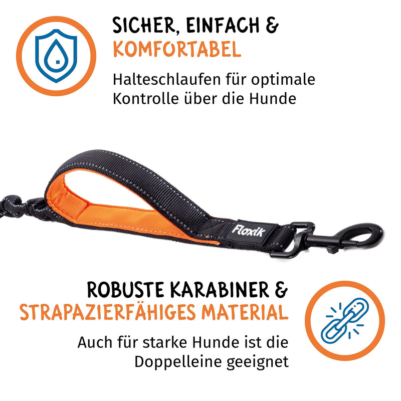 Floxik double leash complete set large | Flexible, reflective premium dog leash for two dogs to be coupled with a short holder, black, large - PawsPlanet Australia