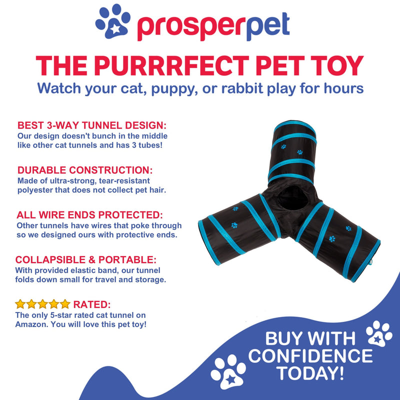 [Australia] - Prosper Pet Cat Tunnel - Collapsible 3 Way Play Toy - Tube Fun for Rabbits, Kittens, and Dogs Black/Aqua 