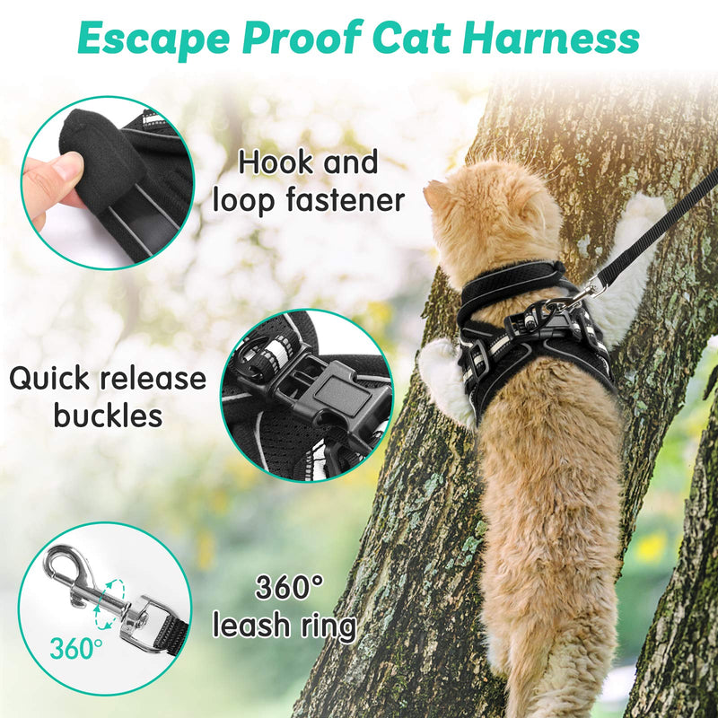 AOKCATS Cat Harness and Leash Set for Walking Escape Proof, Soft Adjustable Kitten Harness with Reflective Strips, Step-in Vest Harness for Small Cats Comfort Fit Cat Leash and Harness Set, Black, S Small (Chest: 11" - 14") - PawsPlanet Australia
