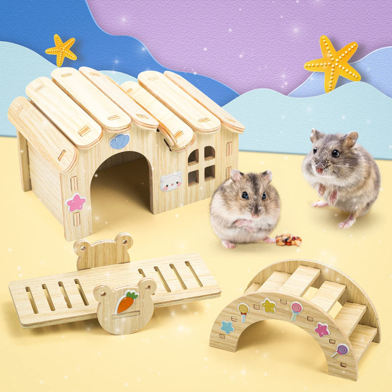 Omawrf Dwarf Hamsters House DIY Wooden Gerbil Hideout Bridge Swing and Chinchilla Seesaw, Pet Sport Exercise Toys Set, Sugar Glider Syrian Hamster Cage Accessories, Suitable for Small Animal H01 - PawsPlanet Australia