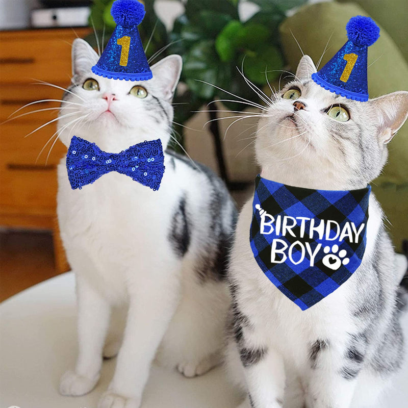 STMK Cat Birthday Party Supplies, Cat Birthday Hat with Cat Birthday Bandana Bow Tie Collar Birthday Number Cat Birthday Decorations for Cat Kitten Birthday Outfits Blue Cat Birthday Hat & Bandana & Bow Tie & Number - PawsPlanet Australia