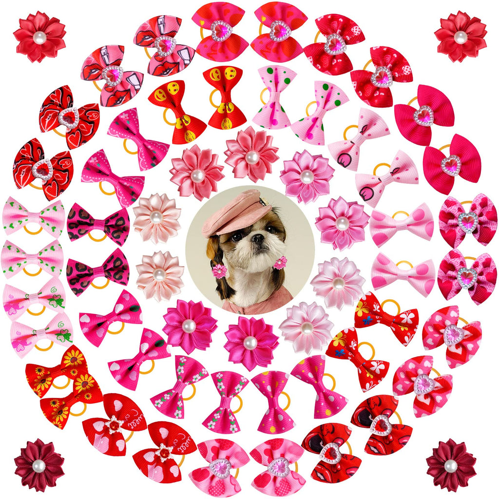 Mruq pet 80pcs Valentine's Day Dog Hair Bows, Bulk Holiday Pink and Red Dog Grooming Bows, Rhinestone Pearl Samll Dog Flower Bows with Rubber Bands for Festival Puppy Dog Hair Accessories A105+HA010+A019-80 - PawsPlanet Australia