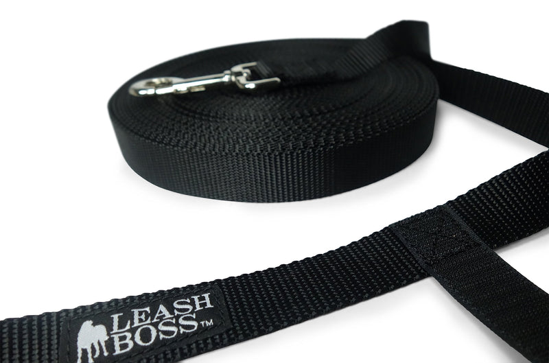 Leashboss Long Trainer - 1 Inch Nylon Long Dog Training Leash with Storage Strap 15 Foot Black - PawsPlanet Australia