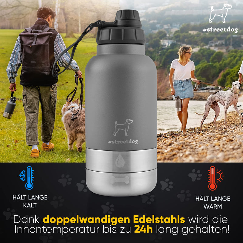 #streetdog Stainless steel dog bottle 3 in 1 with travel bowls, double-walled dog drinking bottle for on the go BPA-free - PawsPlanet Australia