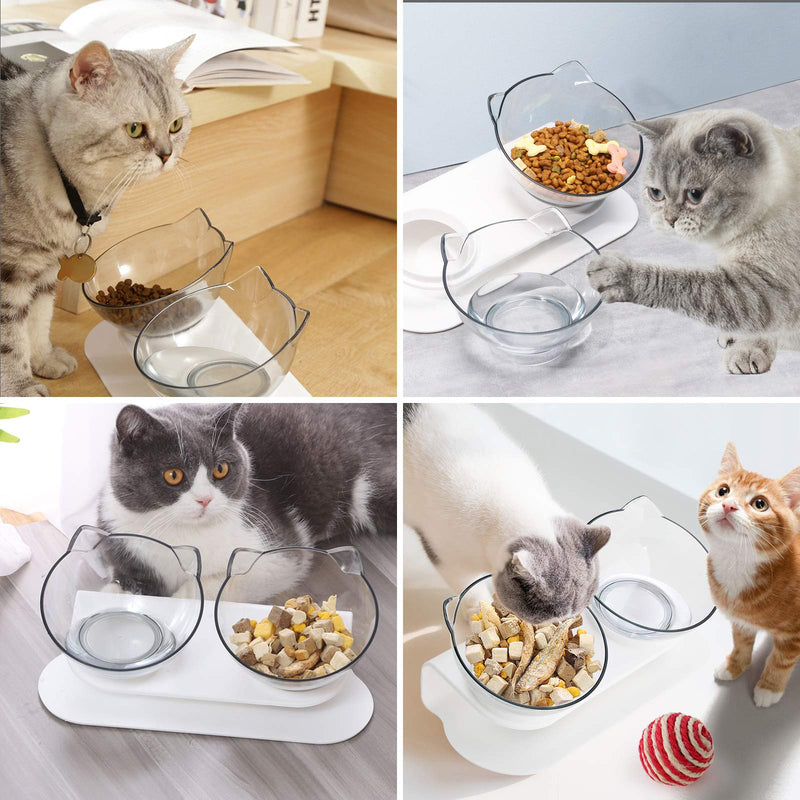 GeeRic Cat Bowls, Double Cat Bowl with 15°Tilted Raised Stand Anti-slip Cat Water Bowl Multi-purpose Cat Pet Feeding Bowl Clear - PawsPlanet Australia