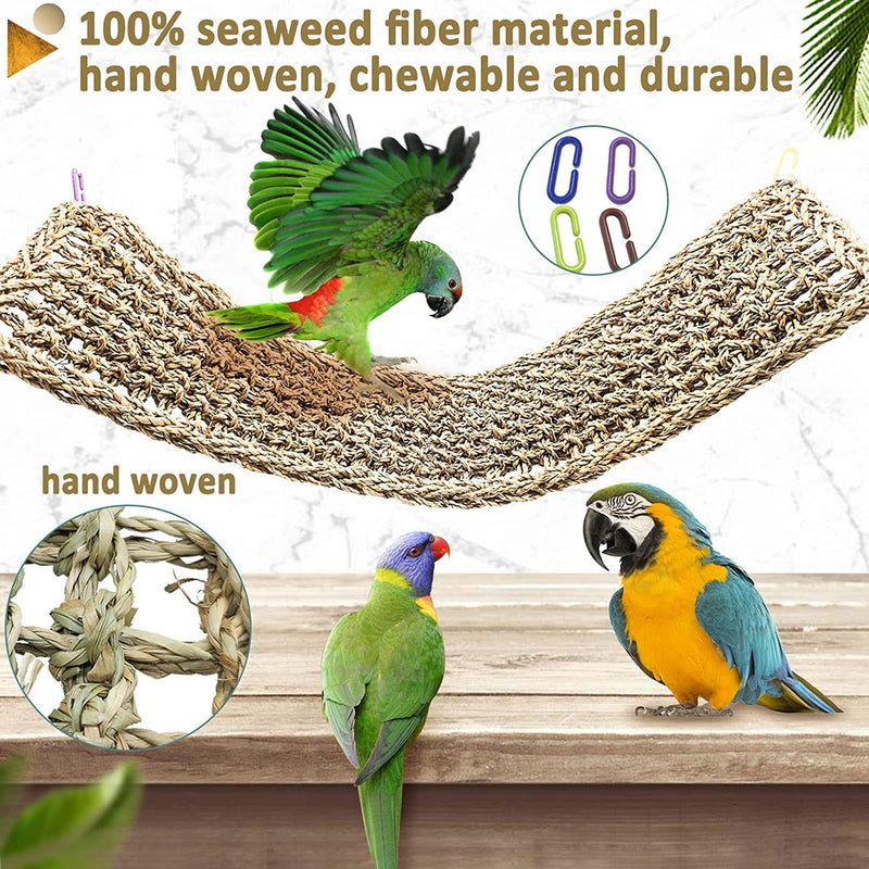 Bird Seagrass Mat,Natural Grass Woven Net Hammock Hanging on Parrot Cage with 4 Hooks,Parakeet Climbing Rope Ladder Chew Toys for Lovebird Cockatiel Conure Budgie,Cockatoo Supplies 28.3" x 6.7" - PawsPlanet Australia