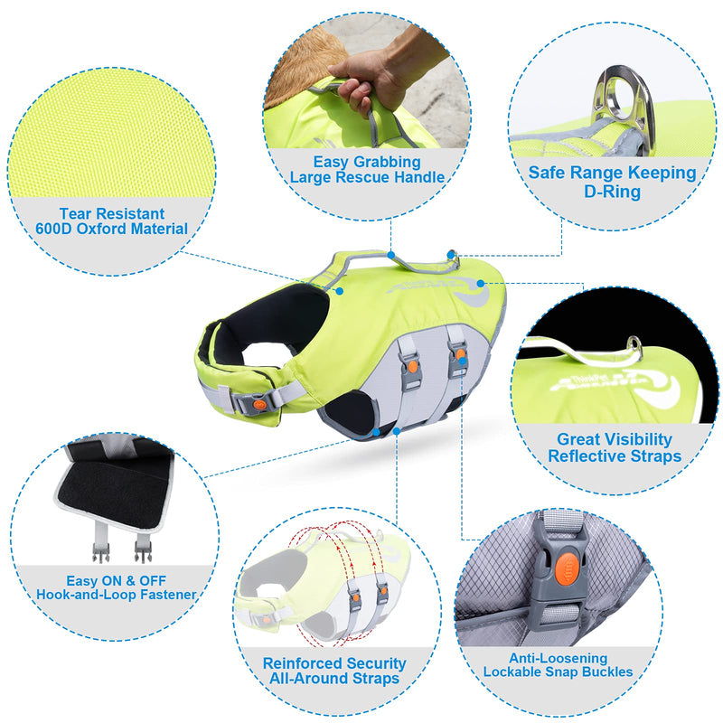 ThinkPet Dog Life Jacket Reflective Lifesaver Floating Vest Adjustable (XS, Green) XS (Chest 12.5-16.5in/Neck 9.4-11.8in) - PawsPlanet Australia