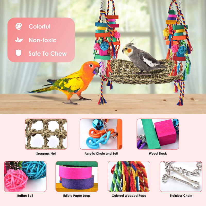 KATUMO Bird Toys, Bird Foraging Wall Toy, Edible Seagrass Woven Climbing Hammock Swing Mat with Colorful Chewing Toys, Suitable for Lovebirds, Finch, Parakeets, Budgerigars, Conure, Cockatiel - PawsPlanet Australia