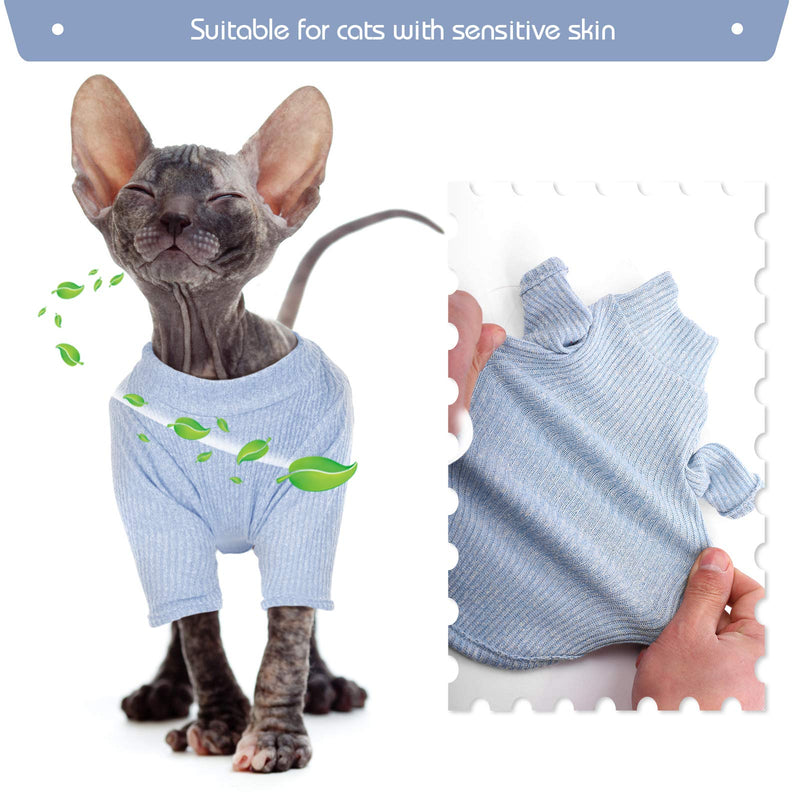 DENTRUN Sphynx Hairless Cats Shirt, Pullover Kitten T-Shirts with Sleeves, Breathable Cat Wear Turtleneck Sweater, Adorable Hairless Cat's Clothes Vest Pajamas Jumpsuit for All Season X-Small Blue - PawsPlanet Australia