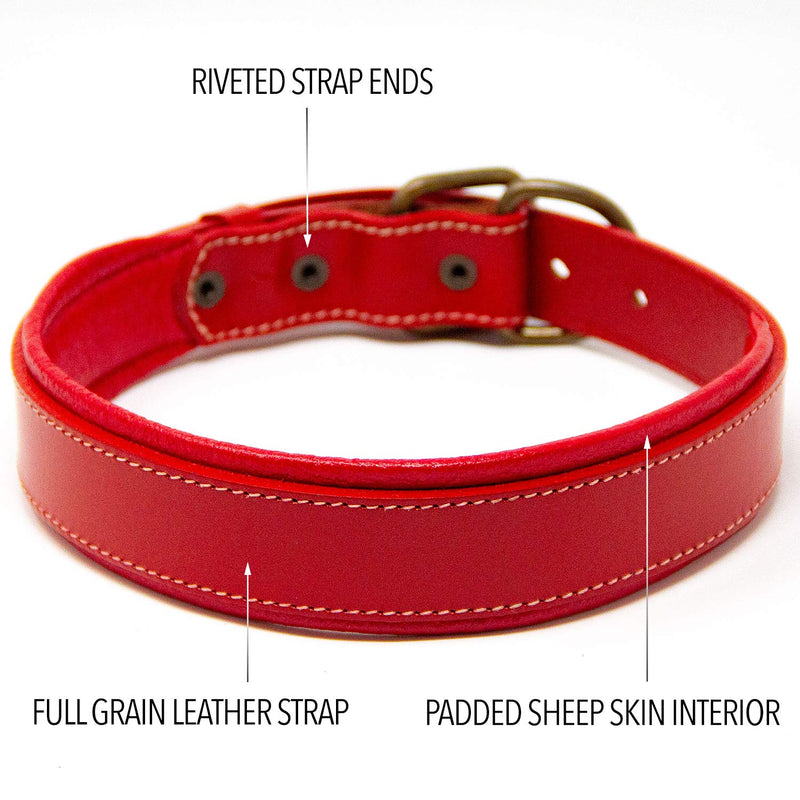 [Australia] - Logical Leather Padded Dog Collar - Best Full Grain Heavy Duty Genuine Leather Collars L - Fits 17-21 in. Neck Red 
