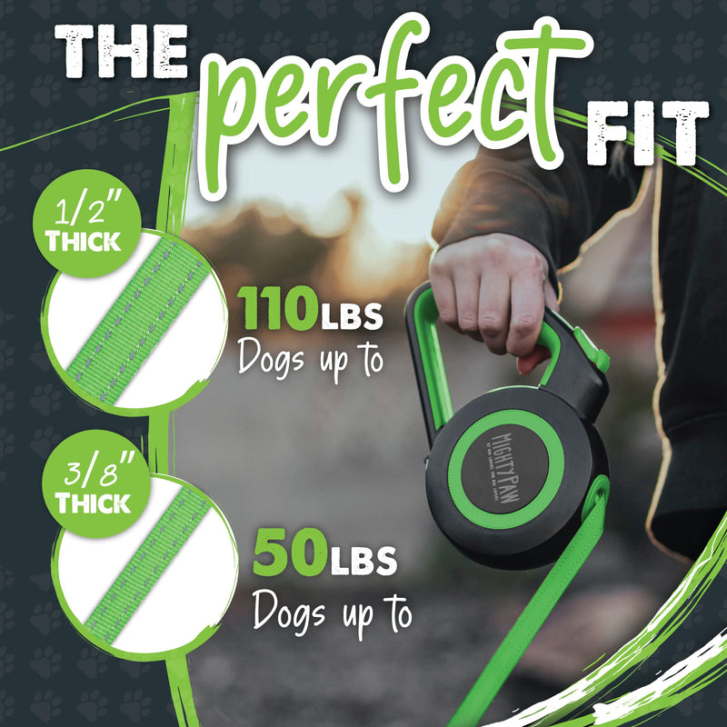 Mighty Paw Retractable Dog Leash 2.0 | 16’ Heavy Duty Reflective Nylon Tape Lead for Pets Up to 50 LBS. Tangle Free Design W/ One Touch Quick-Lock Braking System & Anti-Slip Handle. (Green/Lite) Lite Green - PawsPlanet Australia