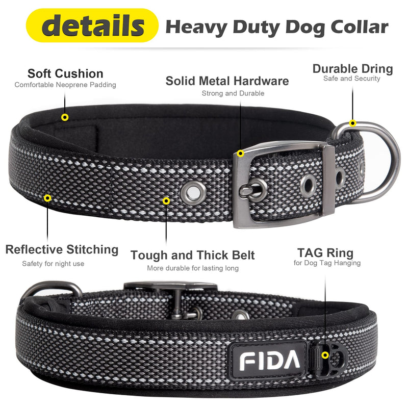 Fida Heavy Duty Dog Collar, Ultra Comfortable Soft Neoprene Padded, Adjustable Reflective Nylon Pet Collar with Durable Metal Belt Buckle for Small/Medium/Large/X-Large Breeds Small(11”-14.5“) Black - PawsPlanet Australia