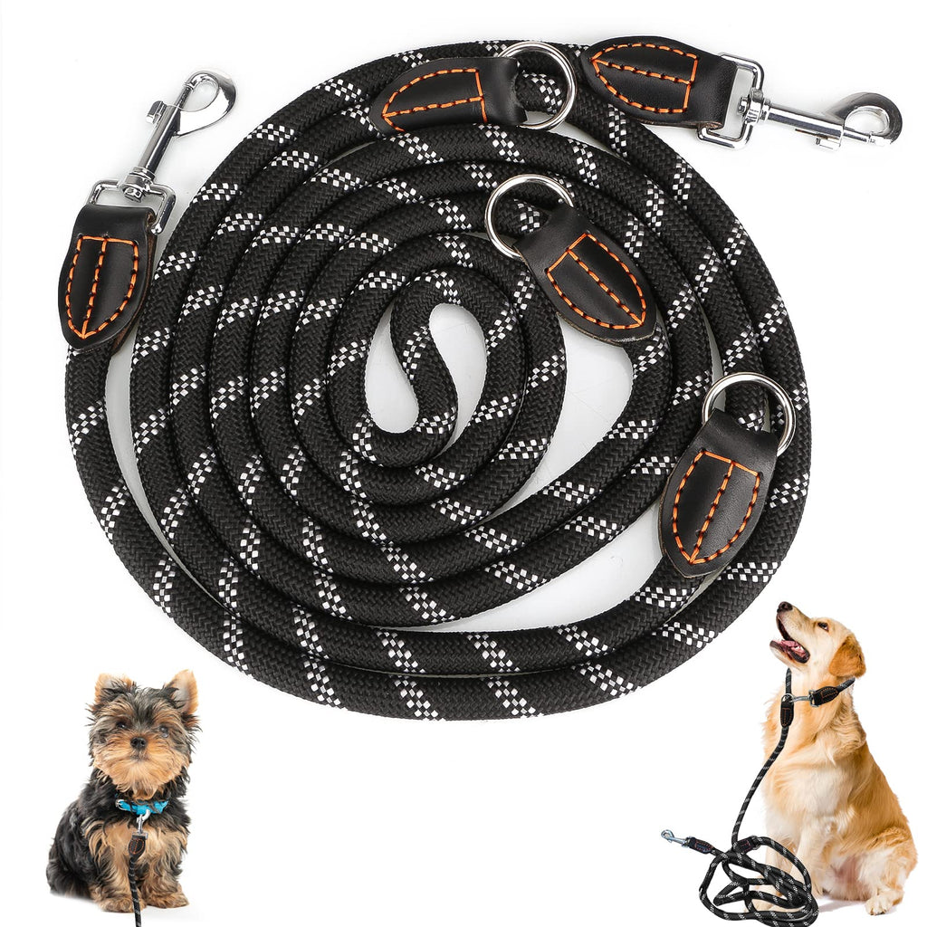 Dog leash for large and medium dogs - Adjustable double nylon leash with 2 snap hooks and 3 rings - 3m x 15mm - Black - PawsPlanet Australia