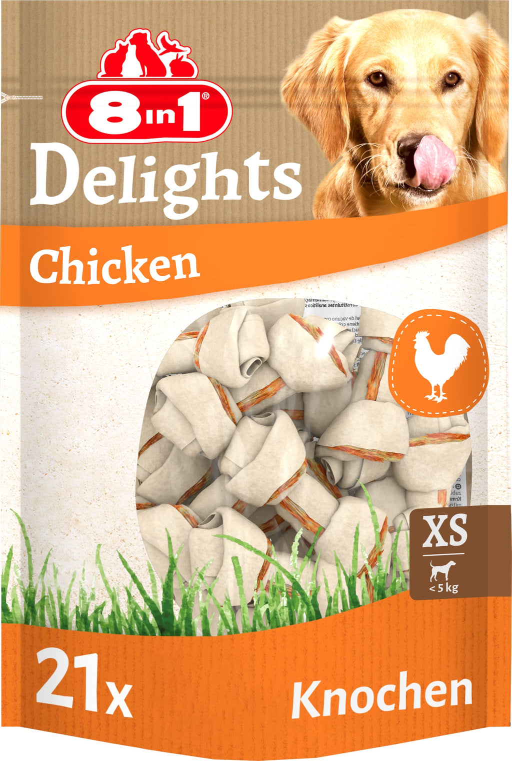 8in1 Delights Chicken Bones XS - healthy chewing bones for mini dogs, high-quality chicken meat wrapped in beef skin, 21 pieces - PawsPlanet Australia