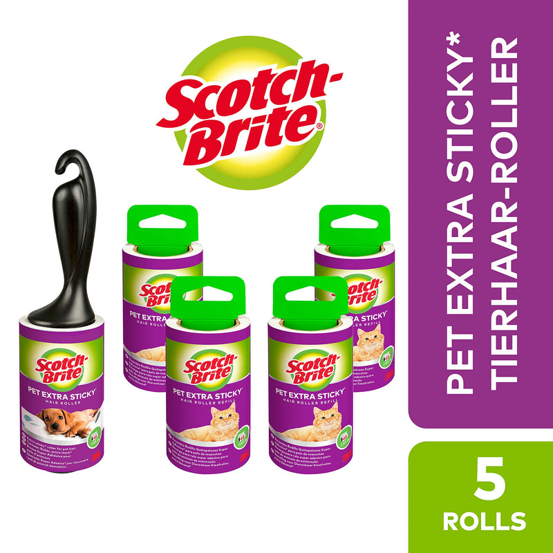 Scotch-Brite Pet Extra Sticky* Pet Hair Roller, 48 Sheets + 4 Scotch-Brite Pet Extra Sticky* Pet Hair Replacement Rolls, 48 Sheets, 5 Rolls - 240 Sheets per Pack Extra Strong Combo Pack - PawsPlanet Australia